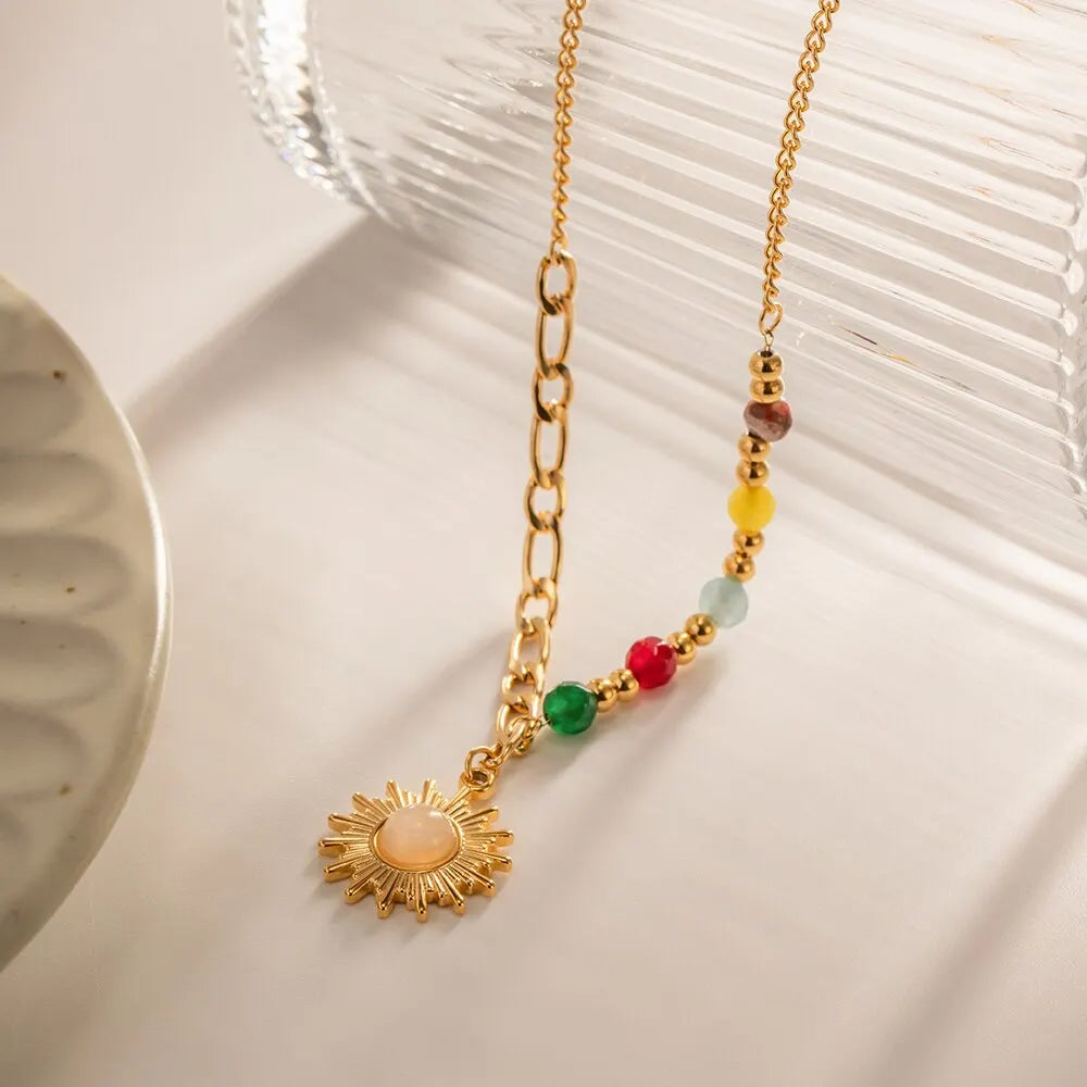 Solenne Necklace Sun Pendant with Bead & Figaro Chain