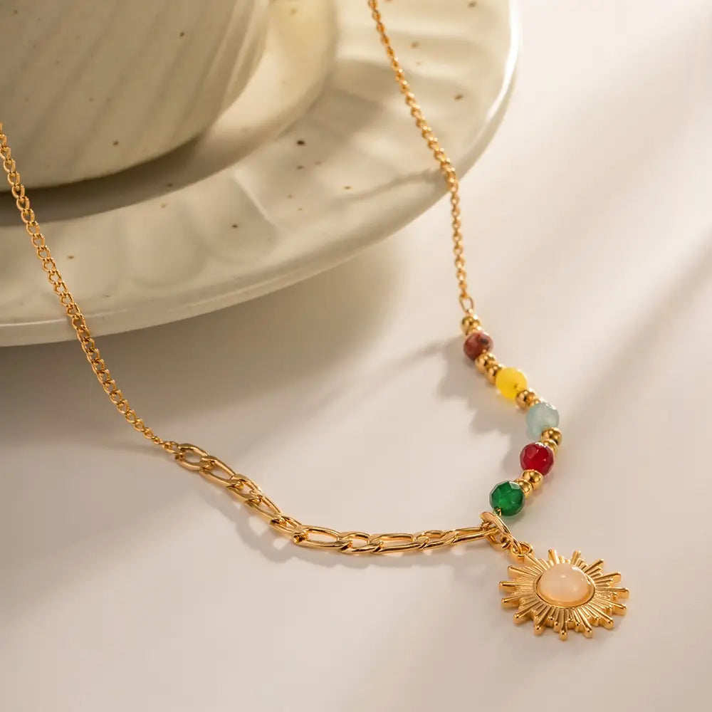 Solenne Necklace Sun Pendant with Bead & Figaro Chain
