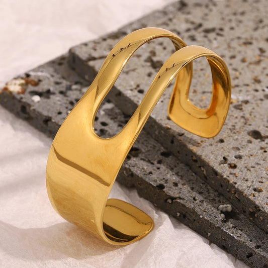 E.B.belle 18K Gold Plated Smooth Geometric Asymmetric Double-layer Cuff Bracelet Stainless Steel Minimalist Style Women Jewelry