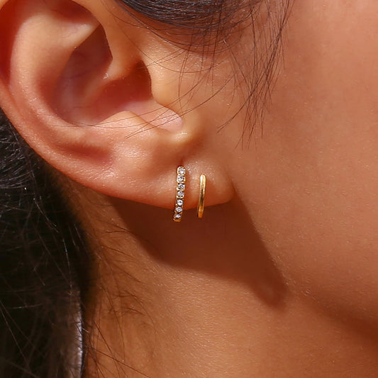 2024 New Crystal Paved Double Layer Hollow Huggie Earrings For Ladies Small Gold Plated  Stainless Steel Stud Earrings