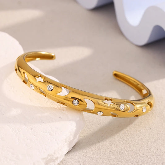 E.B.belle 18K Gold Plated Rhinestone Hollow Moon Star Bracelet Stainless Steel Hypoallergenic Classic Style Women Jewelry