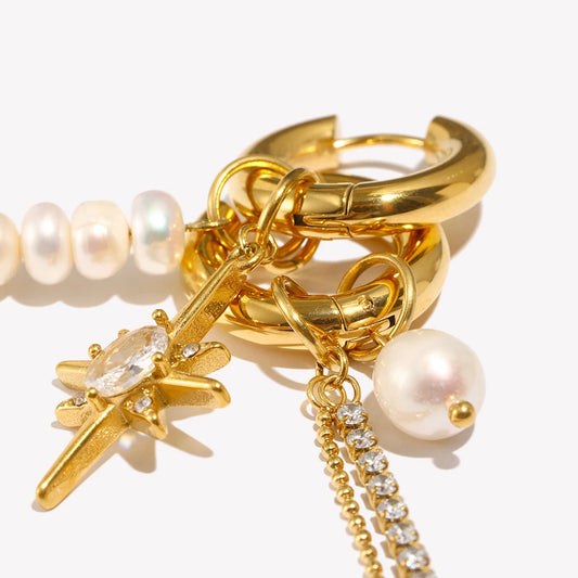 E.B.belle Asymmetric Freshwater Pearl Zircon Octagonal Star Chain Earrings 18K Gold Plated 316L Stainless Steel Decoration