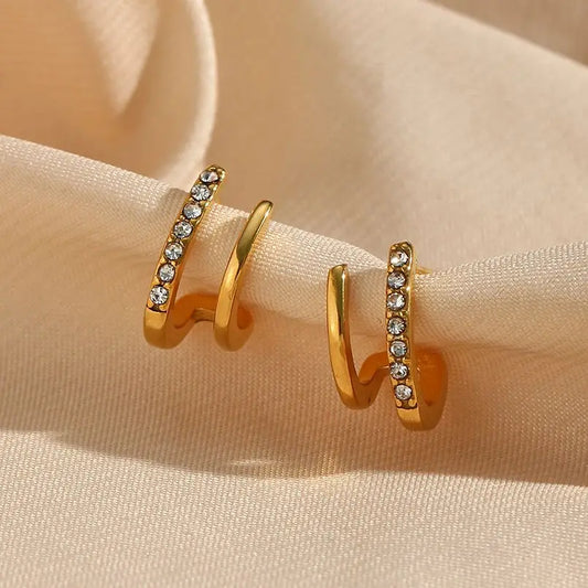 2024 New Crystal Paved Double Layer Hollow Huggie Earrings For Ladies Small Gold Plated  Stainless Steel Stud Earrings