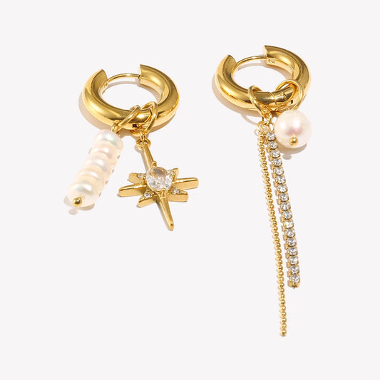 E.B.belle Asymmetric Freshwater Pearl Zircon Octagonal Star Chain Earrings 18K Gold Plated 316L Stainless Steel Decoration