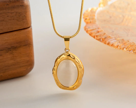 Lunaria Necklace Oval White Cat Eye Opal