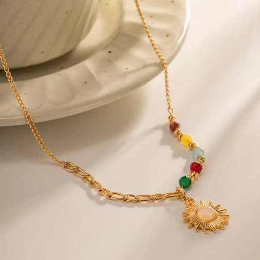 Solenne Necklace Sun Pendant with Bead & Figaro Chain